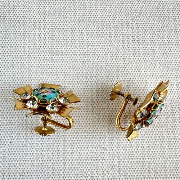 Guilloché Floral Earrings, Vintage Gold Screw-Back - Picture 7 of 7